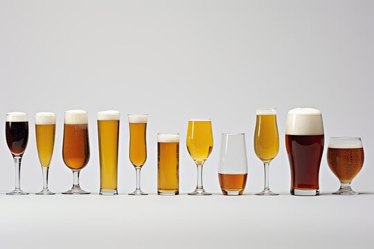 A row of different types of beer on a white background with copy space, series of beer glasses in various shapes and sizes, filled with different beer styles, AI Generated - Powered by Adobe