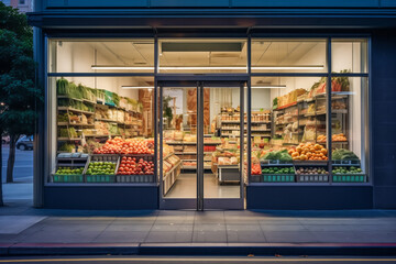 Local grocery store exterior, vibrant produce display, city street view.