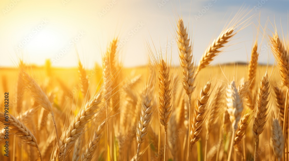 Poster a close up of a wheat field with the sun shining through the ears of the wheat in the foreground.