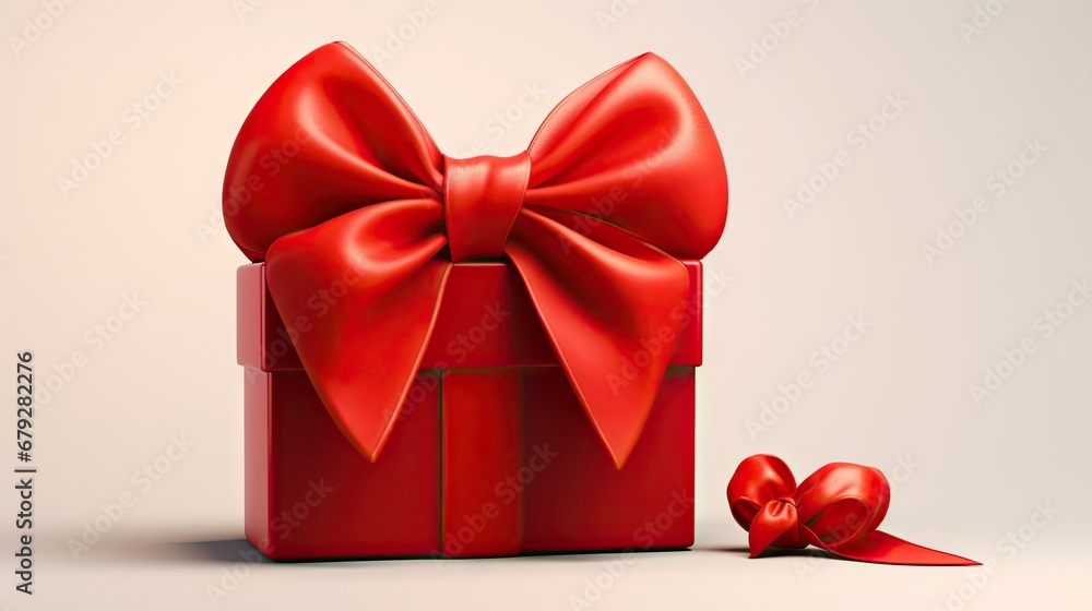 Poster a red gift box with a red bow and a red ribbon on a light gray background with a red bow.