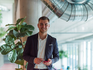 In a sleek corporate setting, the young and charismatic director strides confidently down the...