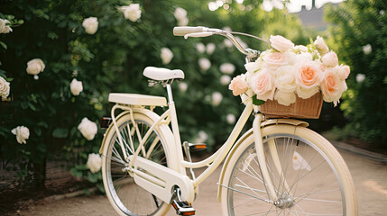 Up-close Photo of Light Peach Garden Wedding Bike at a Tranquil Minimalistic Wedding