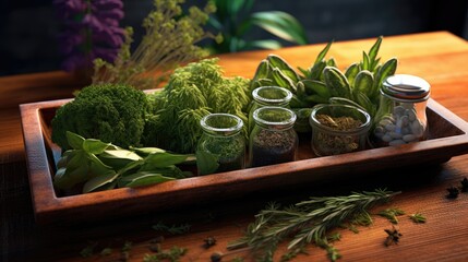  a wooden tray filled with lots of green plants and spices on top of a wooden table next to a potted plant.