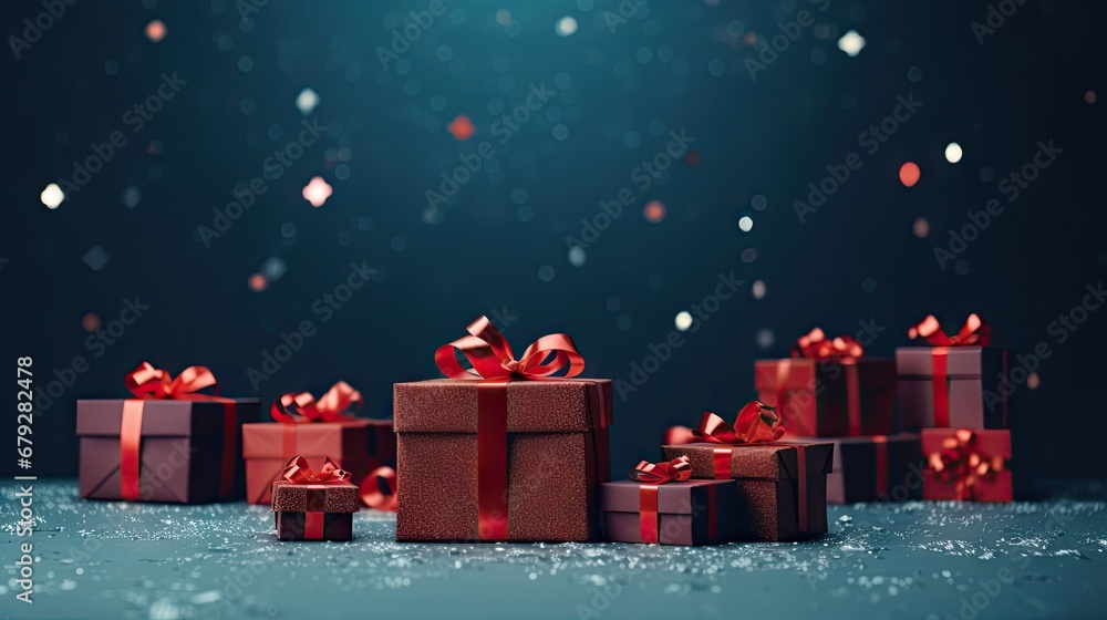 Poster a group of presents sitting on top of a table next to a blue background with red bows and confetti.