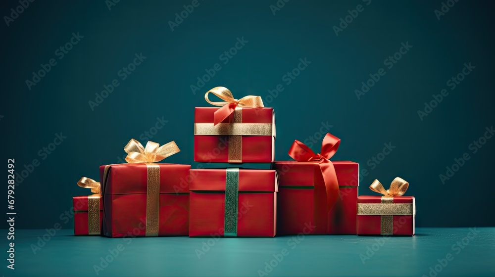 Poster a stack of red wrapped presents with gold ribbons and bows on top of each of the wrapped presents ar