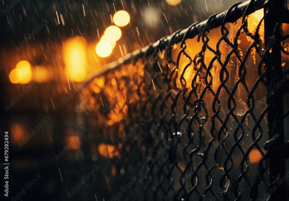Poster a close up of a chain link fence with a street light in the background and rain falling on the groun