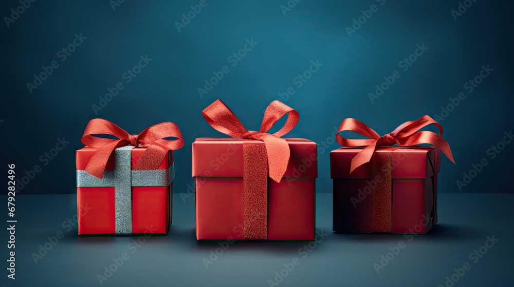 Poster three red gift boxes with bows and ribbons on a blue and black background with copy space for text o
