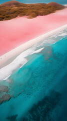 Tropical pink beach with ocean. Komodo islands, aerial view