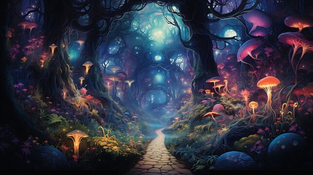 closeup pathway forest mushrooms breathtaking colored rainforest world adventure time banish fiction illusion once upon midnight dreary swirls magic princess