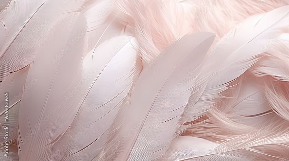 Poster a close up of a pink and white background with a lot of white feathers on the bottom of the image.