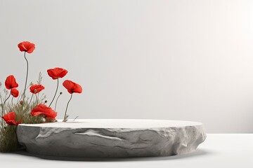 an unhewn rough white stone podium with poppies and field herbs growing behind. gray minimalistic background