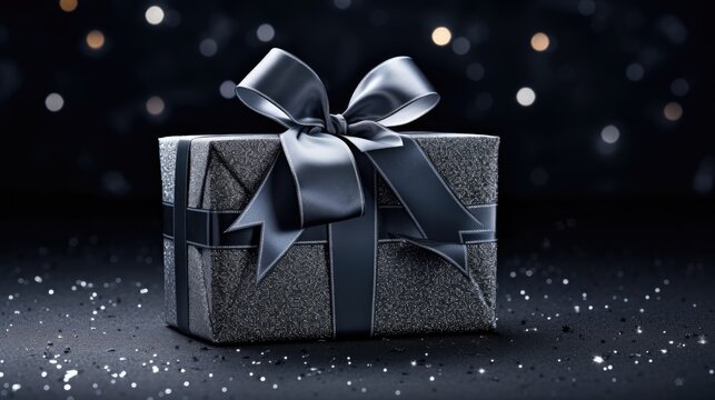  a black gift box with a silver ribbon and a bow on a black background with snowflakes and lights.