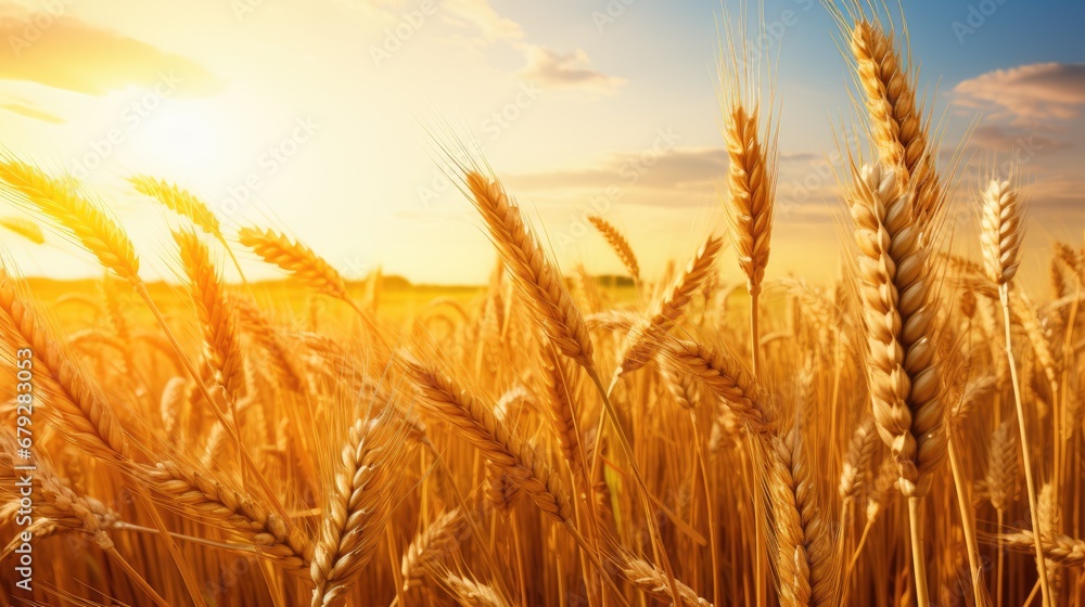 Poster a close up of a wheat field with the sun setting in the background and a few clouds in the sky.