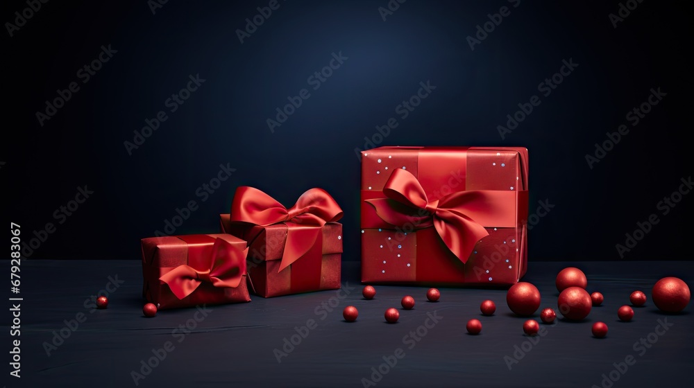Aufkleber a group of red presents sitting on top of a table next to red balls and a red bow on top of one of t
