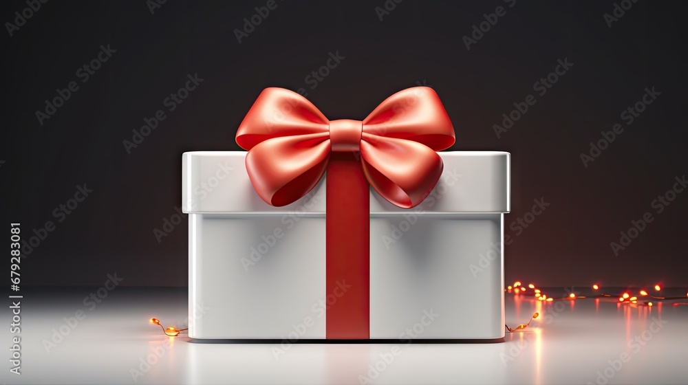 Poster a white gift box with a red bow and a string of lights on a dark background with a red ribbon.