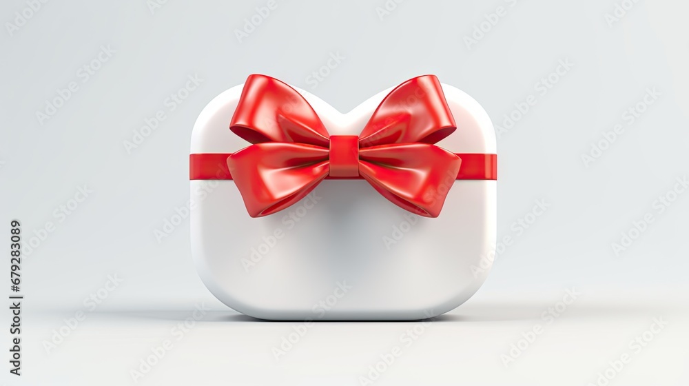 Poster a white box with a red bow on the top of it and a red ribbon around the top of the box.