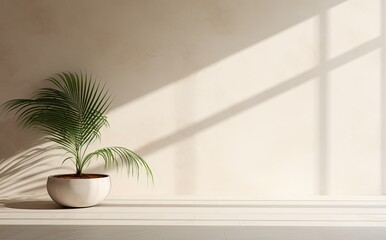 Minimalist room with potted palm, shadow play on a sunlit wall.