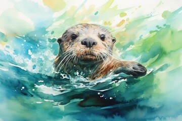 A playful otter floating on its back, with a watercolor background featuring shades of blue and green to create the illusion of water