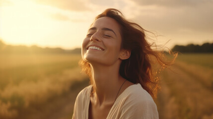 Blissful woman enjoying a serene sunset in a field, embodying tranquility