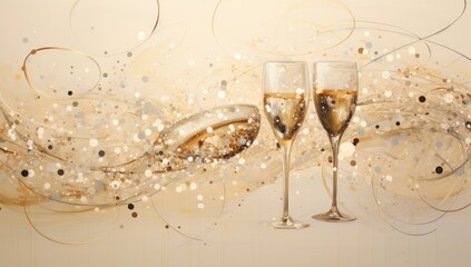 champagne and confetti on a beige background Generative Ai