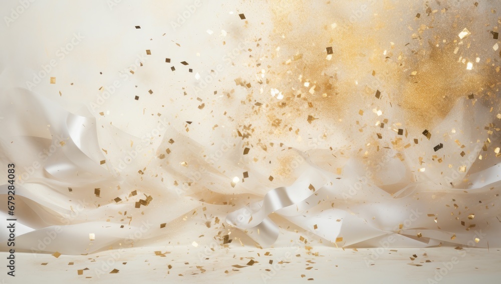Poster golden bottle exploding from confetti with gold stars and confetti generative ai