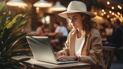 teenage freelancer works on a laptop in a cafe. Freelancing or distance work and study.