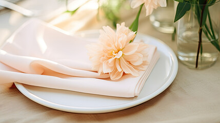 Fototapeta na wymiar Minimalistic Peach Garden Wedding: An Up-close Look at Simple Wedding Napkins and Subtle Accents for a Tranquil Atmosphere