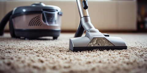 Close-up of a vacuum cleaner washing a carpet. House cleaning - obrazy, fototapety, plakaty