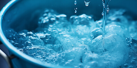 Clean water for cleaning the house in a blue bucket close-up