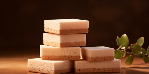 Stack of beige ecological dishwashing sponges on a brown background