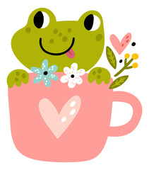 Cute frog in cozy mug. Romantic animal character