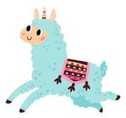 Running alpaca. Cute llama. Cartoon animal character