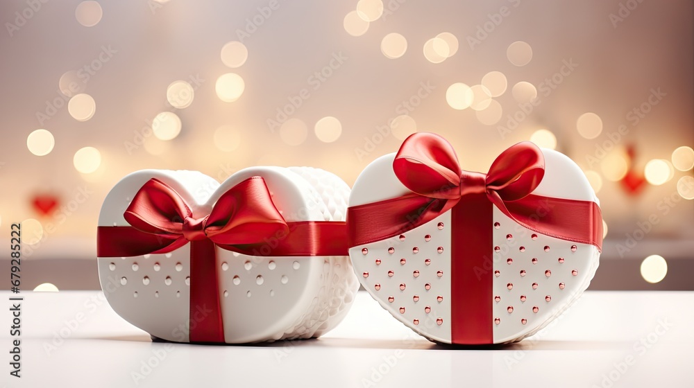 Poster a couple of white boxes with a red ribbon on top of each of them and a red bow on the top of one of 
