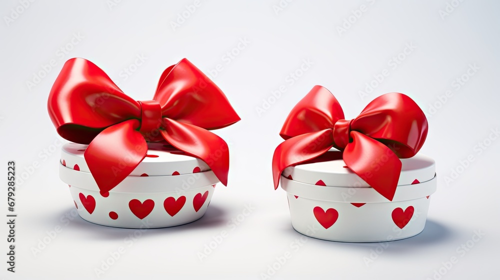 Poster two white boxes with red hearts and a red bow on the top of the boxes are both decorated with a red 