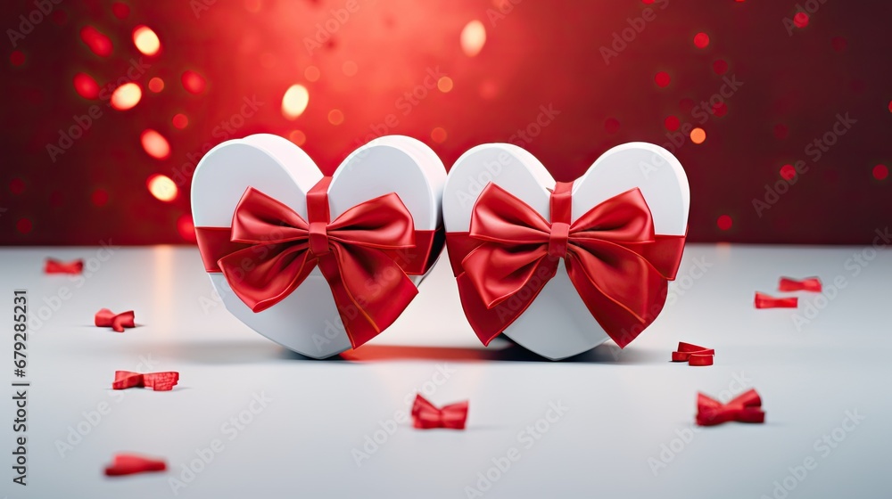 Poster two white heart shaped boxes with a red bow and confetti scattered around them on a white surface wi