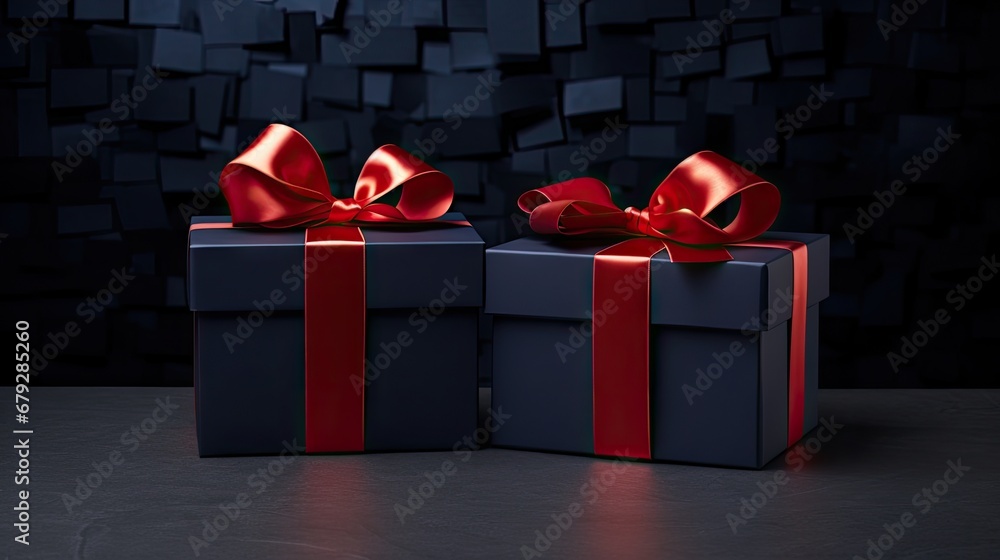 Aufkleber two black boxes with red bows are sitting on a table in front of a wall of cubes of cubes.