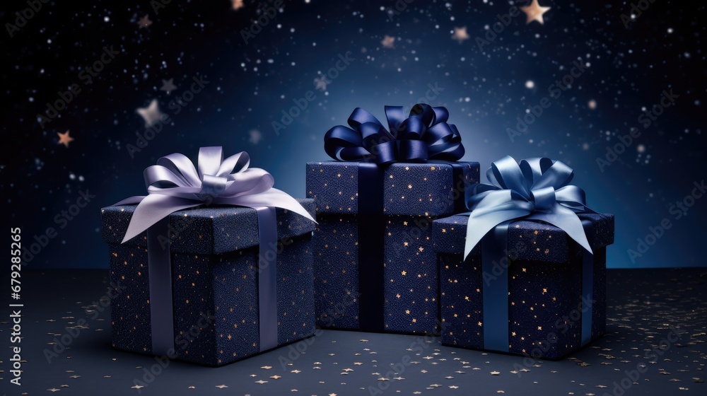 Poster a group of three wrapped presents sitting next to each other on top of a table with stars in the bac