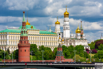 Fototapeta na wymiar Towers of Moscow Kremlin with Grand Kremlin palace in summer, Russia
