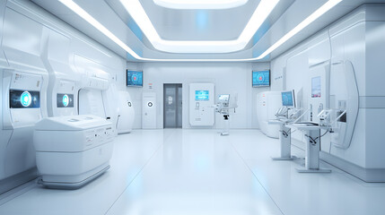 White futuristic hospital laboratory interior with medical supplies