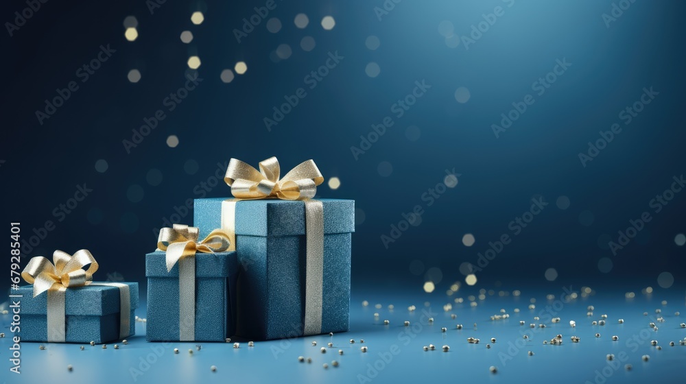 Poster three blue gift boxes with gold ribbons and bows on a blue background the boxes are arranged in a tr