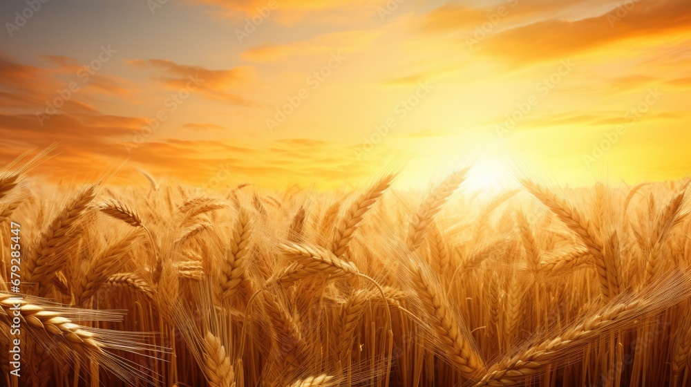 Poster a painting of a field of wheat with the sun setting in the background and the sky in the foreground.