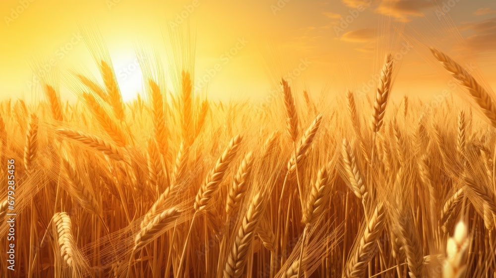 Poster a close up of a wheat field with the sun setting in the background and a few clouds in the sky.
