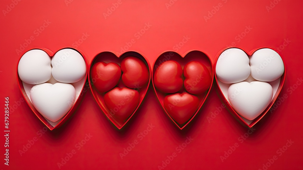 Poster a group of three heart shaped objects sitting on top of a red surface with a white heart in the midd