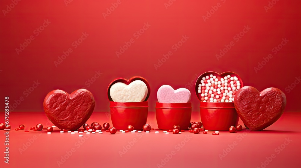 Poster a group of heart shaped containers filled with marshmallows next to each other on top of a red surfa