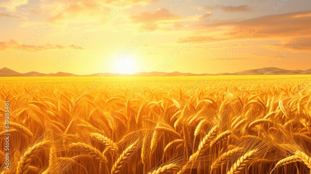 Poster a field of wheat with the sun setting over the mountains in the distance in the distance is a field 