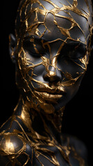 Beautiful black woman with golden bodyart on a black background.