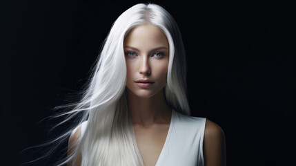 Serene beauty with stunning white hair against a dark background, exuding elegance