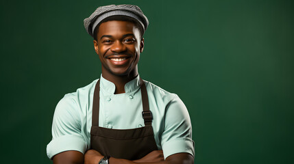 Fototapeta na wymiar Portrait of a smiling african american male chef isolated on solid green background. Banner, copy space