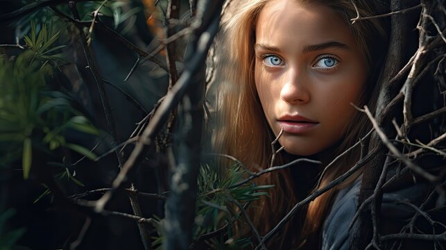  A Painting Of A Young Girl Peeking Out From Behind A Tree Branch With Her Eyes Wide Open And Her Hair Blowing In The Wind.