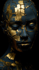 female face with golden skin on black background